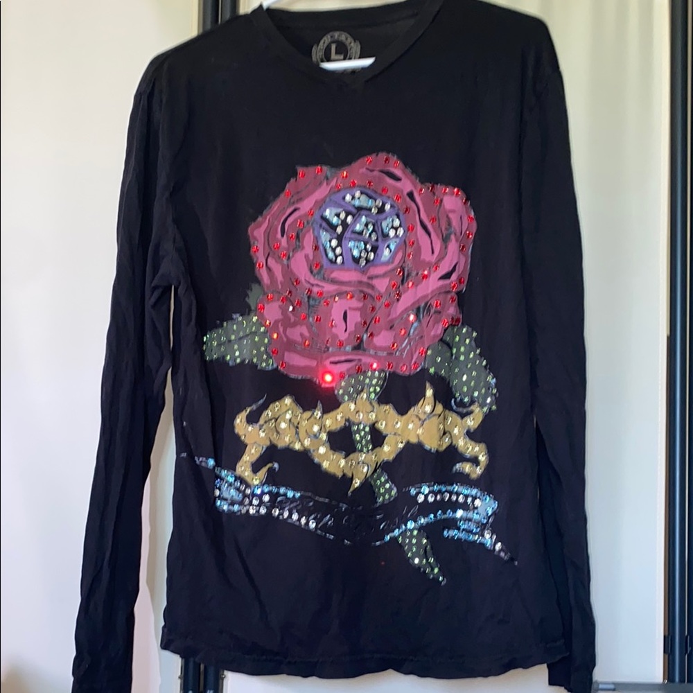 Black and Red Long Sleeve Tee with Rose Graphic
